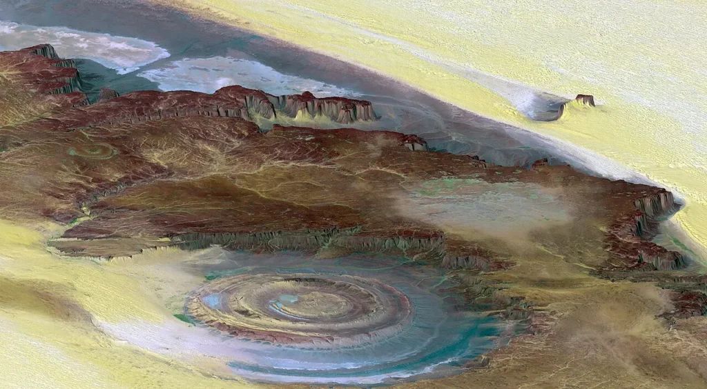 Sechsfach überhöhtes 3D-Modell nach einem Satellitenbild.
Von NASA/JPL/NIMA - https://photojournal.jpl.nasa.gov/catalog/PIA04963, Gemeinfrei, https://commons.wikimedia.org/w/index.php?curid=142426