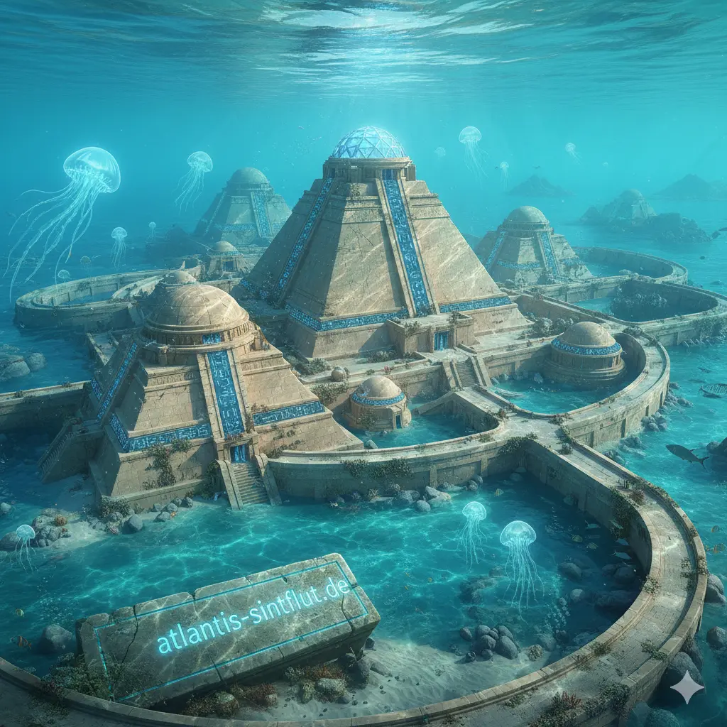 Symbolhaftes Bild von Atlantis und Pyramiden, generiert mit Google Gemini.