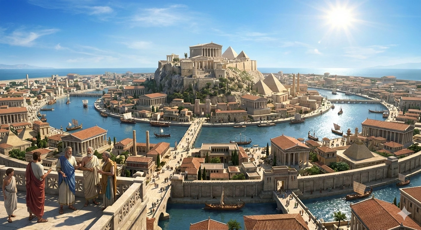 Fiktives Bild zu Atlantis einer Stadt mit kreisrunden Wasserkanälen, einer Akropolis im Zerntrum.